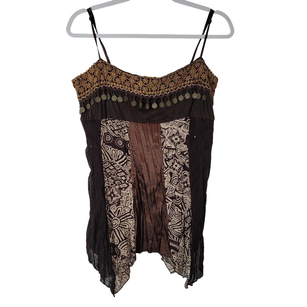 Studio Y Brown Boho Patchwork Cami Top Charms XL Handkerchief Hem Y2K Whimsygoth